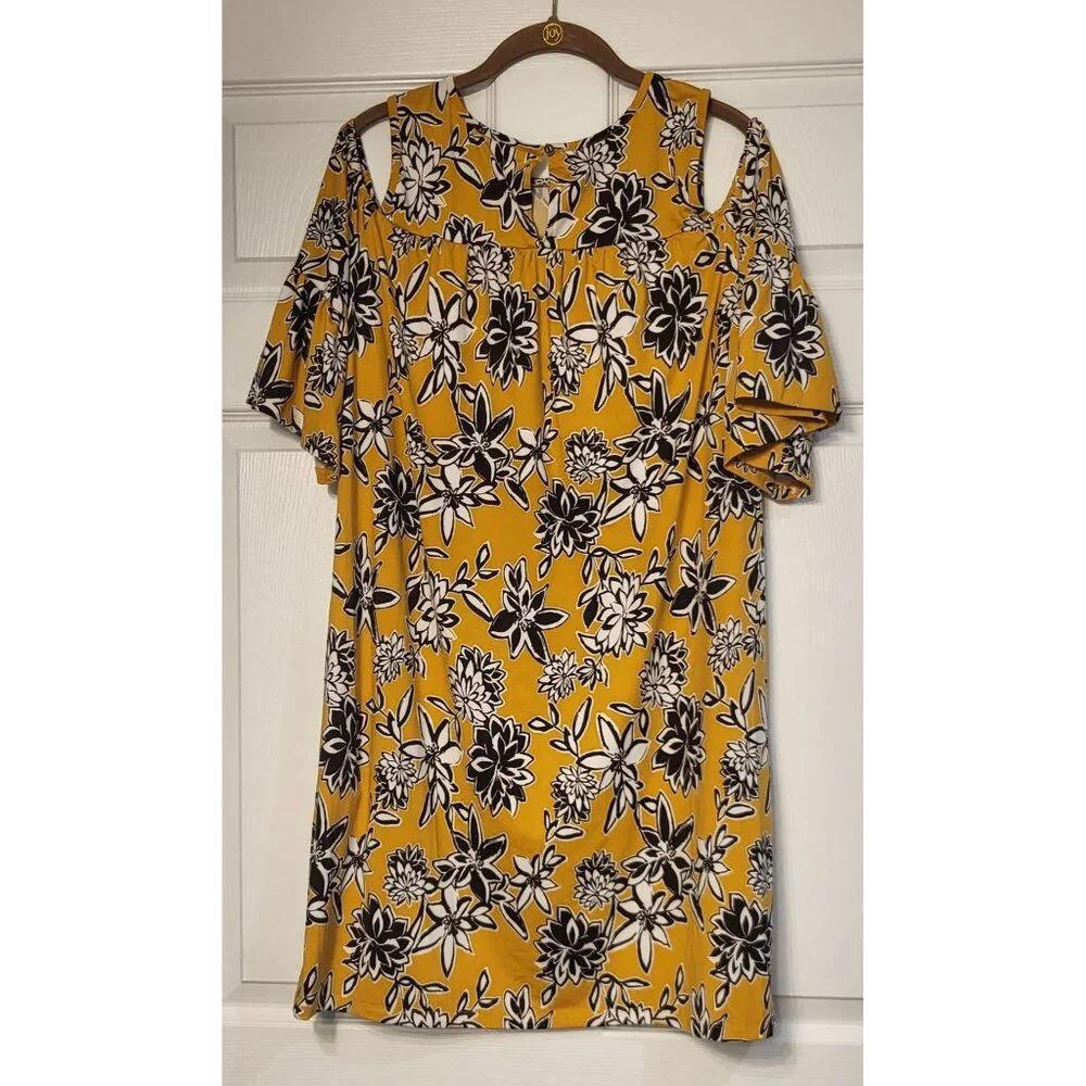 Floral Cold Shoulder Flutter Sleeve Pull On Yellow Wedding Guest Dress M